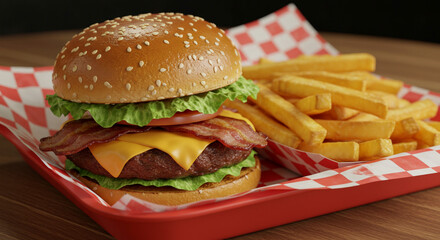 Classic Bacon Cheeseburger with French Fries on a Tray