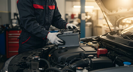 Mechanic Replacing Car Battery in Garage with Open Hood and Warm Lighting Wearing Work Uniform and Gloves