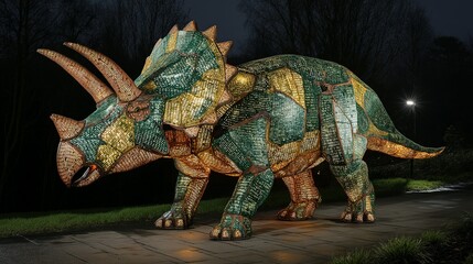 Fototapeta premium Illuminated triceratops sculpture stands out at night.