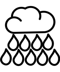 ILLUSTRATION of a cloud icon with many water droplets below it, depicting heavy rain WITH a thick and minimalist line style