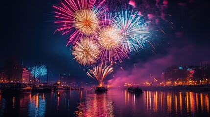 Spectacular fireworks display over a tranquil waterside city at night
