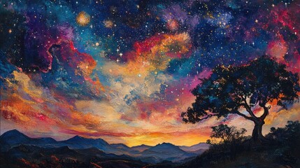 Fototapeta premium An ethereal vista, Whispers of stardust above majestic, dreaming mountains