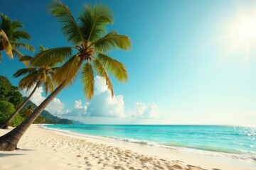 Obraz premium Palm trees stand tall on a vast sandy beach with turquoise water and warm sunlight filtering through the scene , palm tree, beach