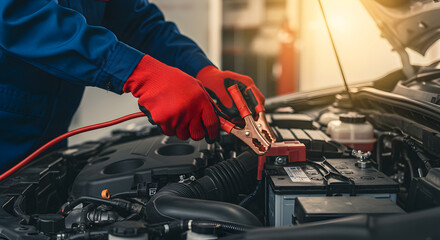 Mechanic Attaching Jumper Cables to Car Battery Terminals in Garage with Open Hood Under Warm Light