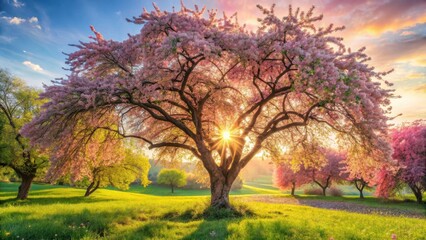 Serene Springtime Sunrise Illuminating a Majestic Blossoming Tree in a Verdant Meadow