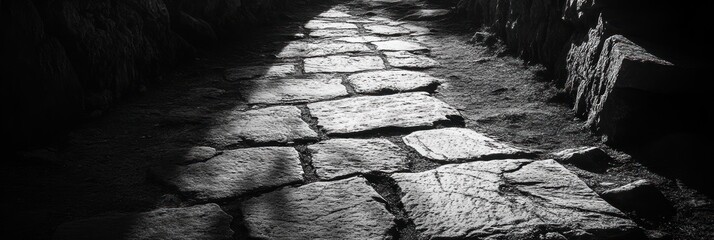 Ancient cobbled path, illuminated by a beam of celestial light source