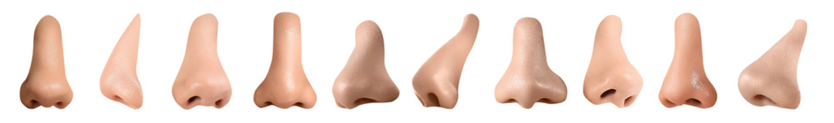 Set of many human noses on white background