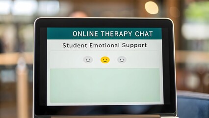 Student  Mental Health Support concept Online therapy chat interface for student emotional support, featuring smiley faces for feedback.