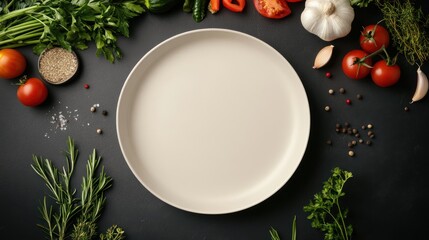 Empty plate, fresh vegetables, dark background, food photography, recipe template (1)