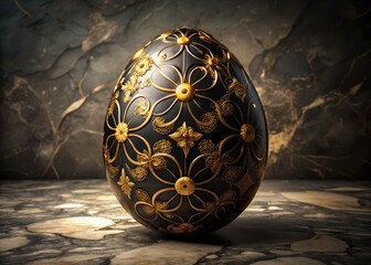 Golden Easter Egg, Chocolate Egg, Marble Background, Luxury Easter, Festive Dessert, Delicious Treat, Spring Holiday, Elegant Food Photography, Black Chocolate Egg