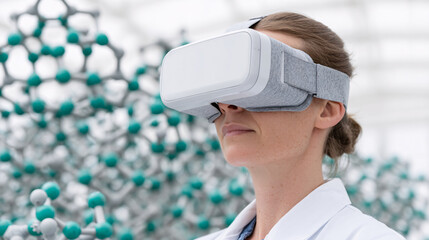woman in lab coat uses VR headset, surrounded by molecular model, illustrating integration of virtual reality in scientific research and education