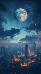 Obraz premium Night city skyline illuminated under a giant moon