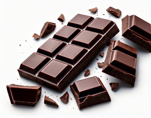 Dark organic chocolate pieces isolated on white background 