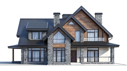 image of a two story house with modern architecture style and roof with gables. House is made of brick with stone portions. 2d image front elevation with a white back ground
