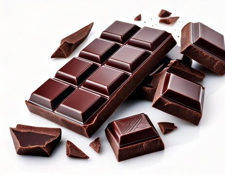 Dark organic chocolate pieces isolated on white background 