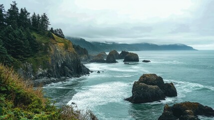 Obraz premium Rugged Coastline with Verdant Cliffs and Towering Sea Stacks Under Gray Sky