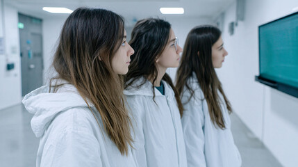 Fototapeta premium Three young women in white lab coats attentively analyze data on large screen in modern laboratory setting, showcasing focus and teamwork
