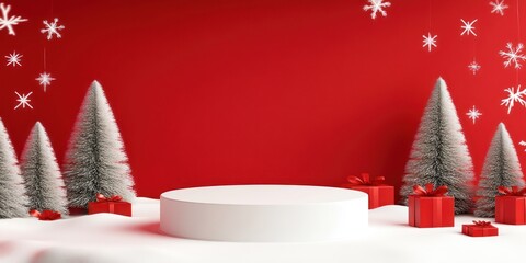 Festive Christmas Scene With White Podium And Gifts