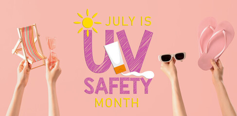Female hands with flip-flops, mini deck chair and sunglasses on pink background