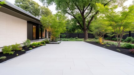 Modern patio with landscaping.  A light-colored paved patio area extends from a contemporary home, bordered by well-maintained landscaping including various plants, shrubs, and trees