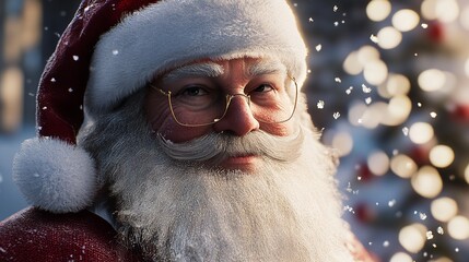 Realistic Santa Claus with a red suit and friendly smile set against warm holiday lights capturing the traditional charm and joy of Christmas
