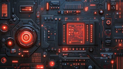 Fototapeta premium Futuristic Tech Panel Red Black Circuit Board Interface