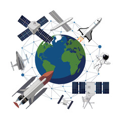 Fototapeta premium 2D Vector Cartoon Illustration Poster Featuring Earth, Satellites, and Global Communication Networks , war , Architectural 