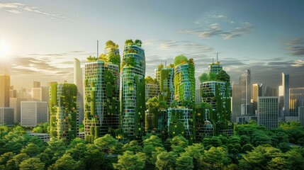 Fototapeta premium A futuristic eco-friendly city skyline with green buildings, renewable energy installations, and lush greenery, symbolizing innovative urban planning for sustainability.