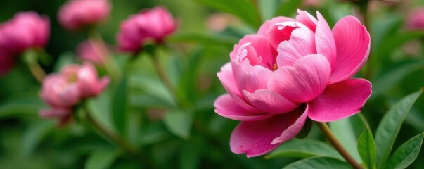 Obraz premium Close-up of fresh peonies with lush greenery and delicate petals in a garden setting, closeup, foliage