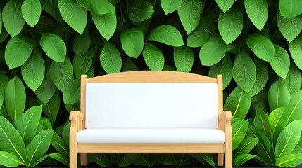Wooden Bench Against Lush Green Leaf Background
