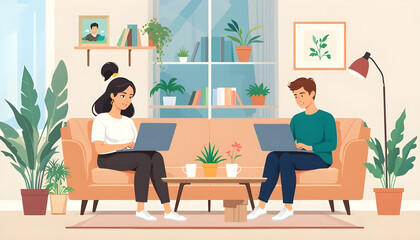Fototapeta premium flat illustration people working remotely at home with laptops, plants, coffee cups, and cozy furniture, modern color palette and minimal design for digital lifestyle