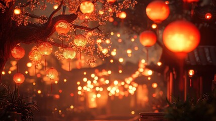 Obraz premium Lanterns of Celebration: A mesmerizing spectacle of glowing lanterns illuminating a traditional landscape, where the warm light evokes a sense of cultural festivity and serene elegance.
