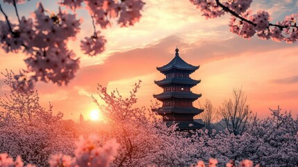 Obraz premium Sunset Pagoda with Cherry Blossoms: A serene five-story pagoda stands majestically amidst a breathtaking sunset, framed by vibrant cherry blossoms in full bloom.