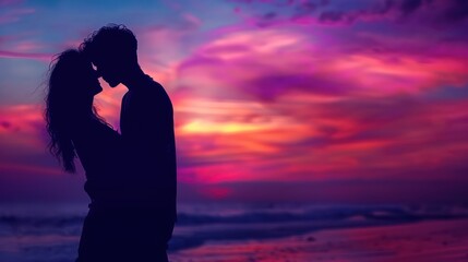 A silhouette of a couple embracing on a beach at sunset, with their faces in shadow or blurred, capturing the romantic moment against the backdrop of a colorful sky.