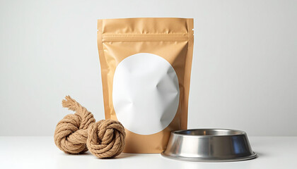 A brown paper bag with a white circle on it next to a metal bowl.