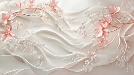 Fototapeta premium Elegant Pink Flowers on White Silk: Delicate pink blossoms and branches artfully arranged on a flowing white silk background, creating a luxurious and serene aesthetic.