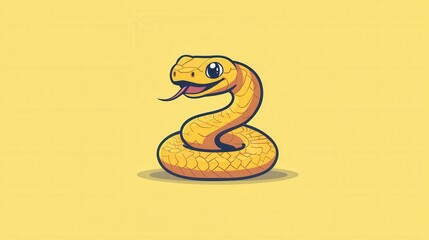 Fototapeta premium Serpentine Delight: A charming cartoon snake with bright yellow scales and a playful tongue explores, showcasing a blend of vibrant design and playful charm. 