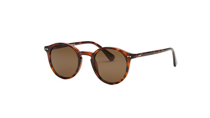 Round sunglasses with tortoiseshell frame, isolated on a white background. Stock photography style.