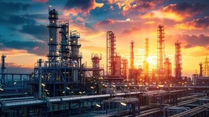 an oil refinery during the evening hours, capturing the industrial beauty of the facility. 