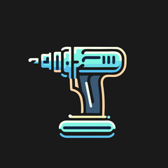 Stylized Cordless Drill Icon: Teal & Beige Line Art on Black