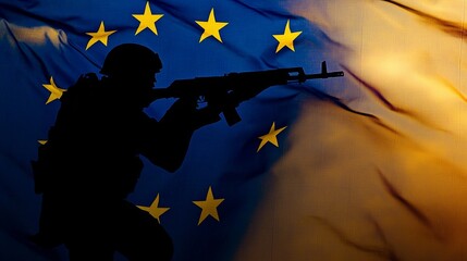 Soldier silhouette with rifle against european union flag background: military concept for security and defense