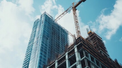 Construction of a skyscraper with a large crane on site