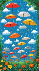 Fototapeta premium Whimsical illustration of colorful umbrellas floating in the sky during rainfall over a blooming flower field, evoking joy, fantasy, nature, and imaginative rainy day vibes 