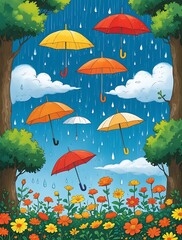 Fototapeta premium Whimsical illustration of colorful umbrellas floating in the sky during rainfall over a blooming flower field, evoking joy, fantasy, nature, and imaginative rainy day vibes 