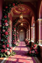 Intricately woven floral vines amidst gold leaf accents and deep berry hues on a lavish, high-ceilinged hallway backdrop, traditional, regal wallpaper