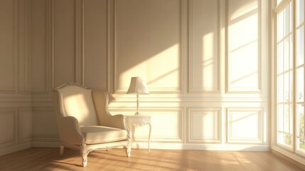 Elegant sunlit corner room with wingback chair and side table