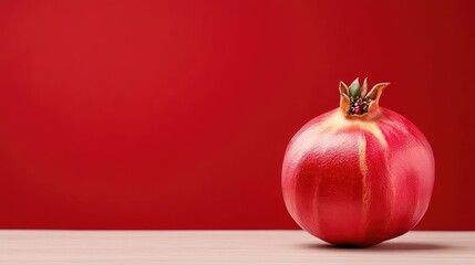 Single pomegranate fruit on a wooden surface against a red background