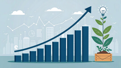 Business growth is illustrated by an up arrow on a 3D financial graph, signifying market success and profit