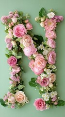 Floral Letter N Arrangement on a Pastel Green Background, Romantic Style