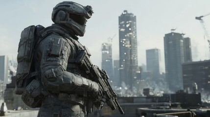 Fototapeta premium Armored soldier standing guard amidst urban ruins in a futuristic setting